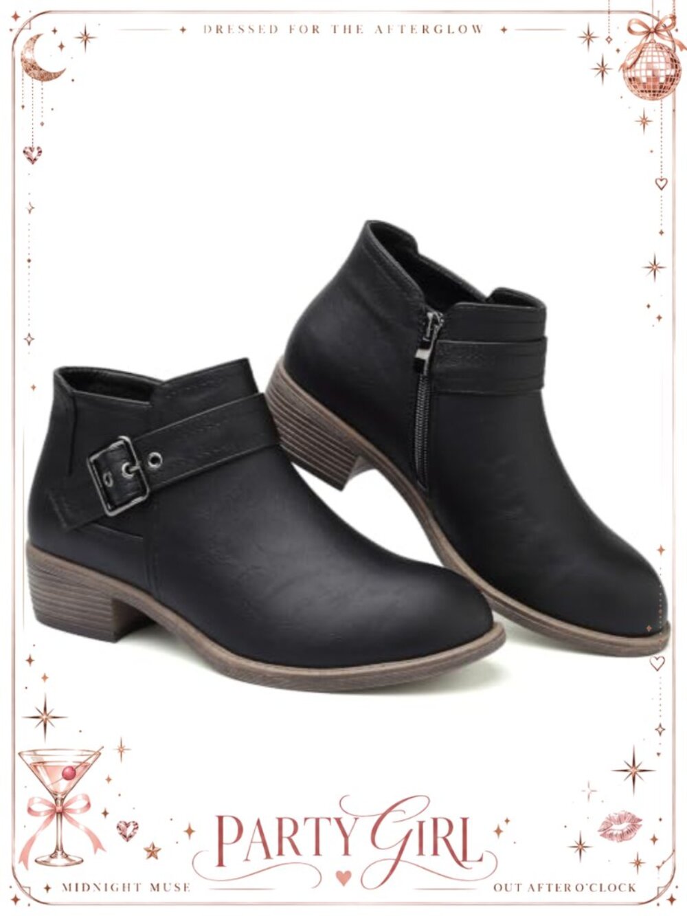 Womens Waterproof Faux Leather Ankle Boots Low Block Heel Side Zip Buckle Round